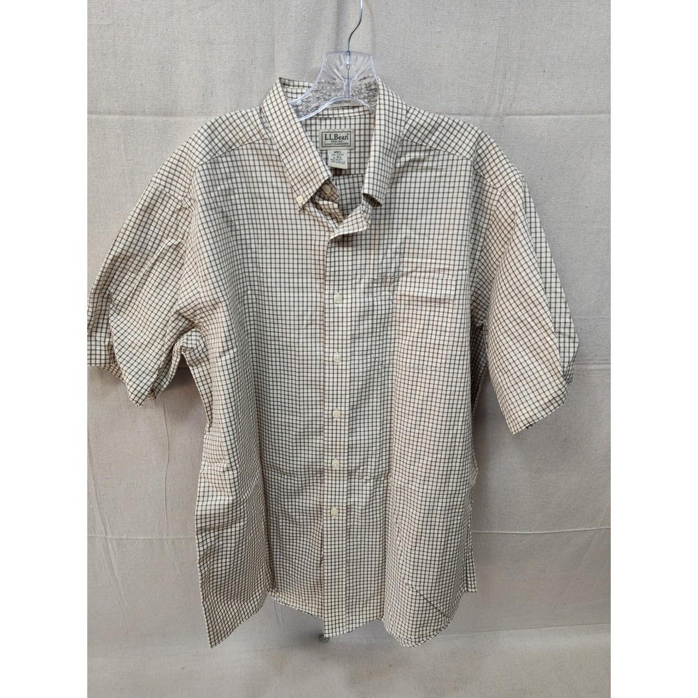 LL Bean Mens Large Button Down Shirt Short Sleeve Wrinkle Resistant Tan Check
